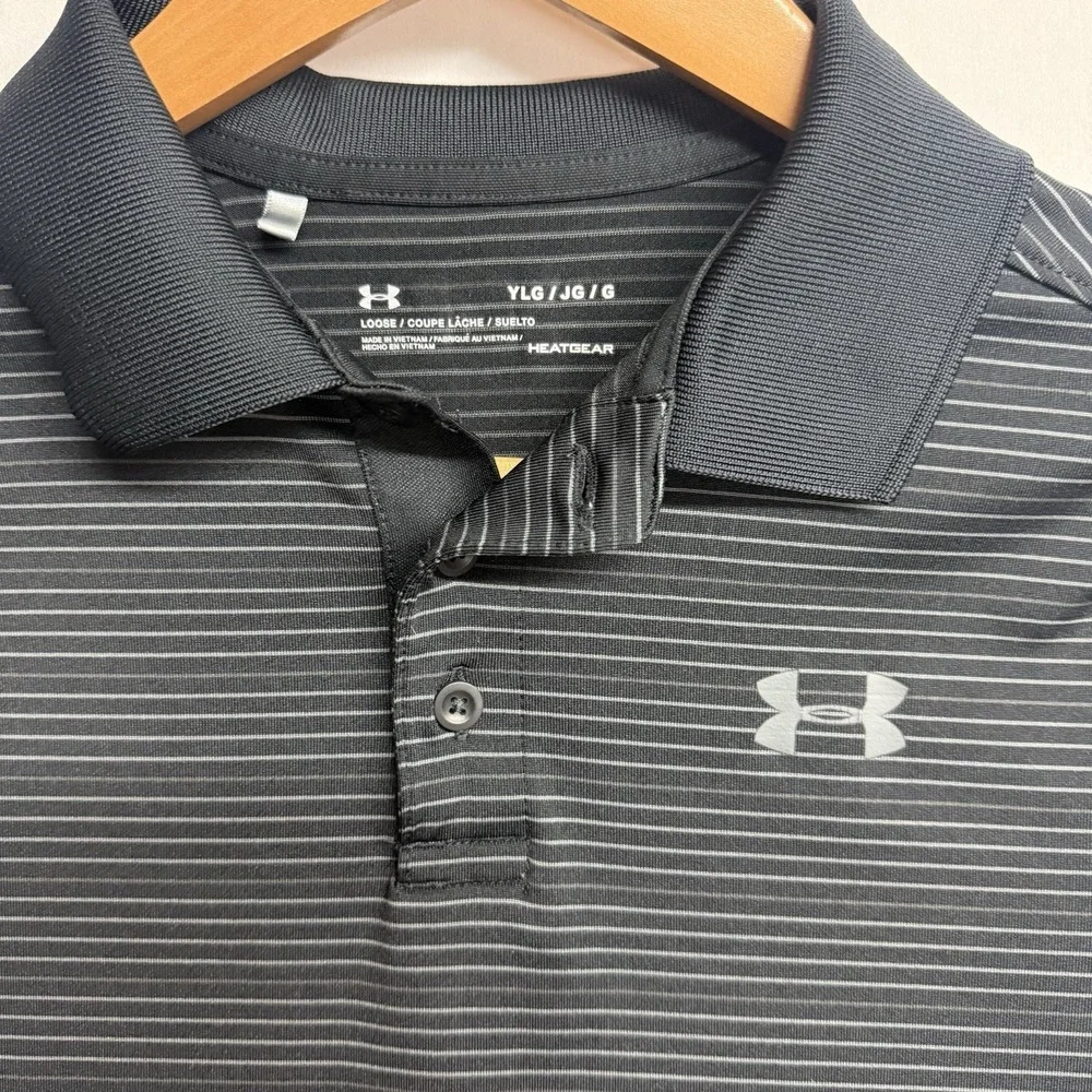 Under Armour Youth Large HeatGear Polo Shirt Black Gray Striped Boys YLG - Picture 2 of 6